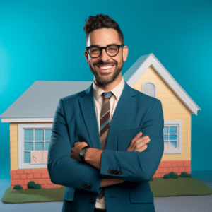 friendly realtor in a suit in front of a yellow house